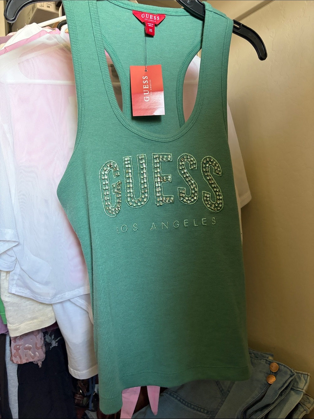 GUESS Green Embellished Ribbed Tank